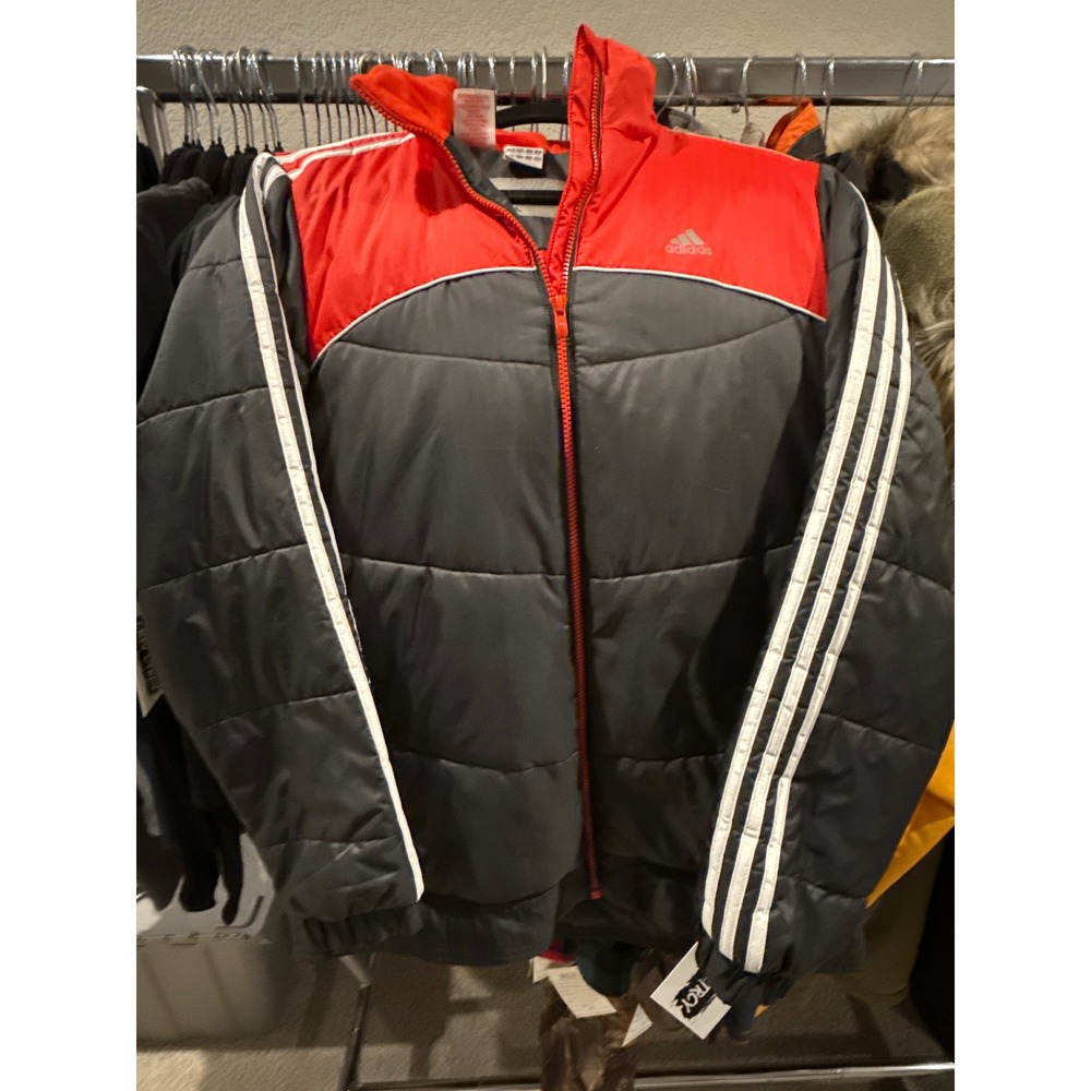 Adidas Puffer Jacket Womens XL Red Grey Colorblock Hooded 3 Stripe Winter Coat